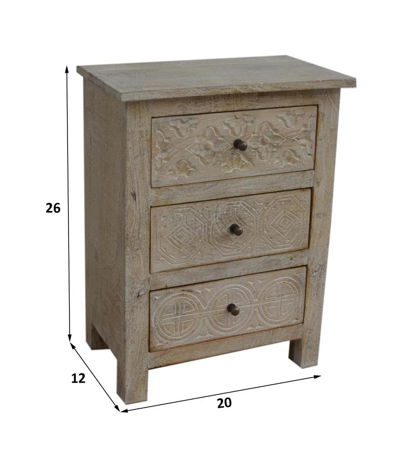 SOLID HAND CARVED WOOD NIGHTSTAND / END TABLE 3 DRAWERS