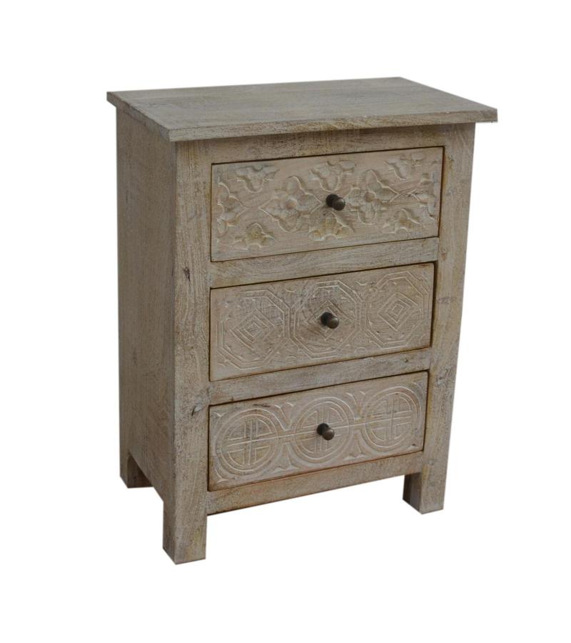 SOLID HAND CARVED WOOD NIGHTSTAND / END TABLE 3 DRAWERS