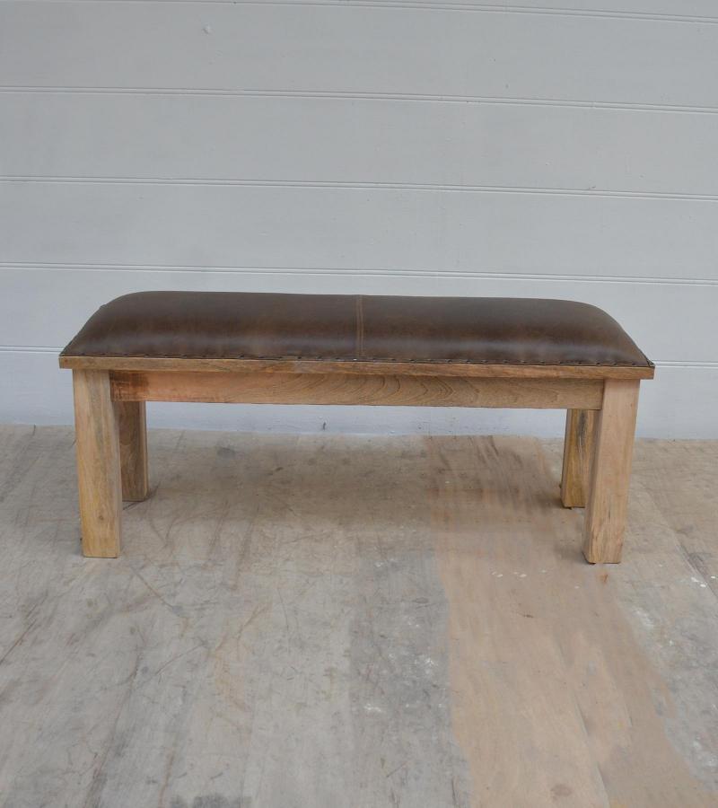 SOLID WOOD & LEATHER BENCH