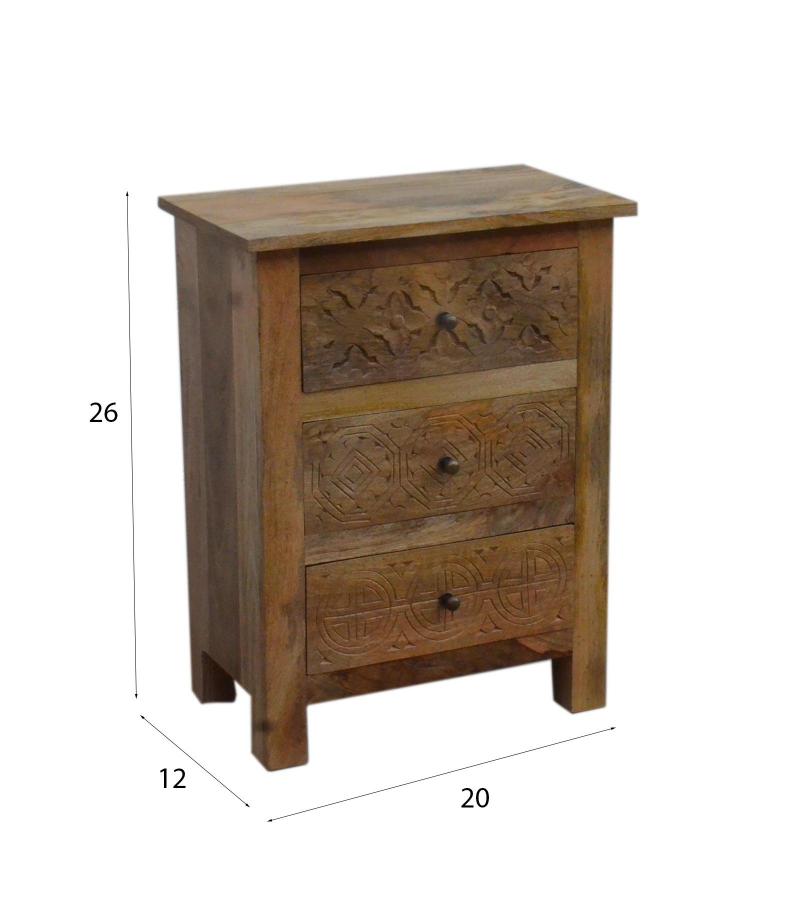 SOLID HAND CARVED WOOD NIGHTSTAND / END TABLE 3 DRAWERS