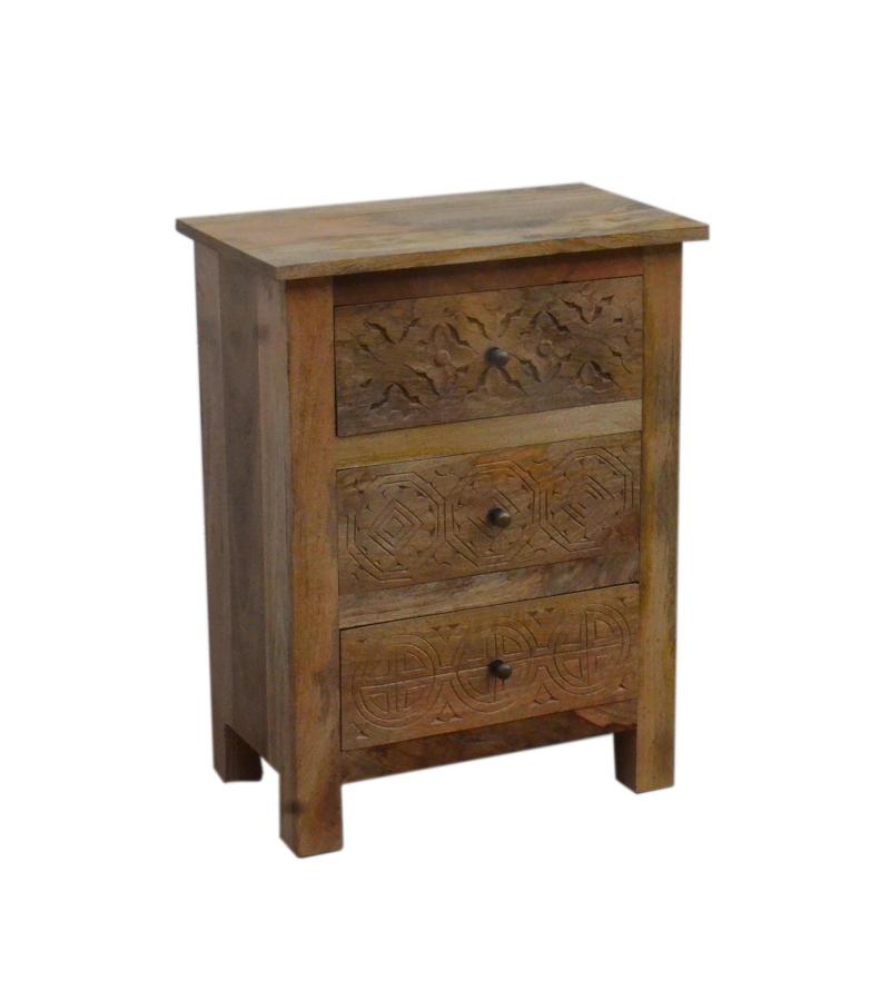 SOLID HAND CARVED WOOD NIGHTSTAND / END TABLE 3 DRAWERS
