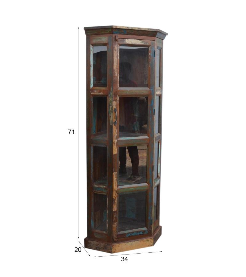 SOLID RECLAIMED TEAK WOOD & GLASS CORNER CABINET