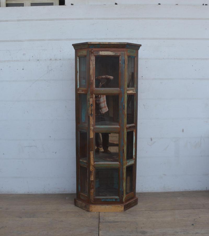 SOLID RECLAIMED TEAK WOOD & GLASS CORNER CABINET