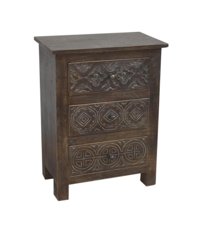 SOLID HAND CARVED WOOD NIGHTSTAND / END TABLE 3 DRAWERS