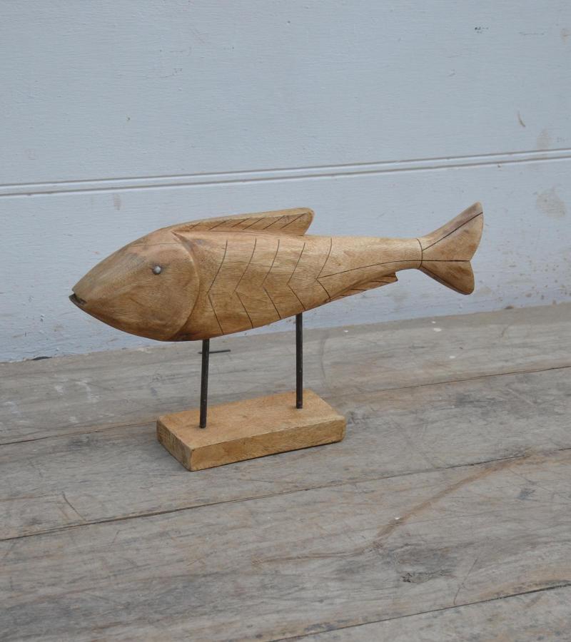 HAND CARVED SOLID WOOD FISH ON STAND
