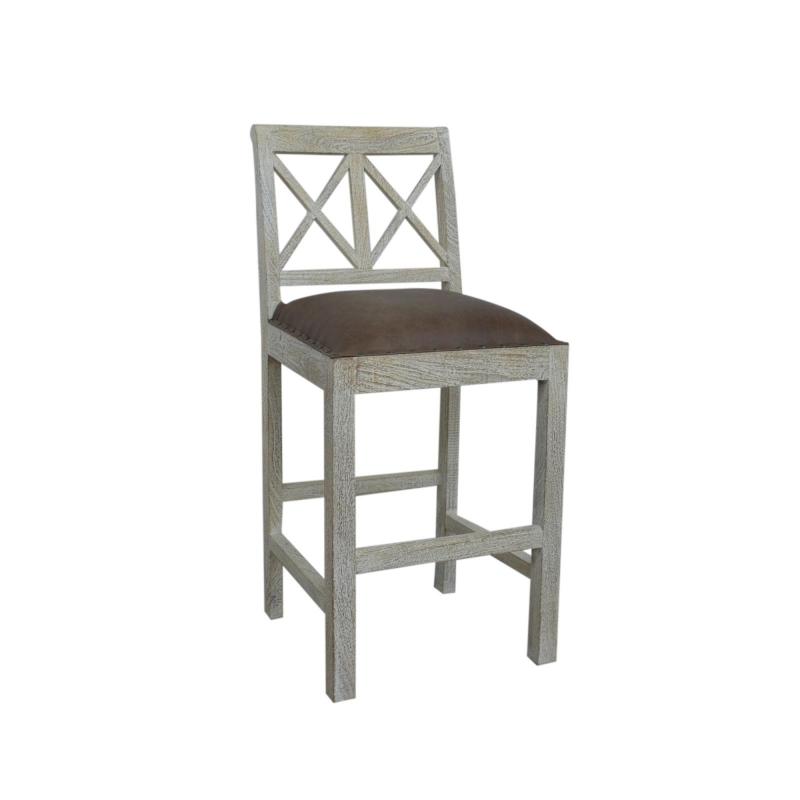 SOLID WOOD COUNTER STOOL W/ FULL HIDE LEATHER SEAT