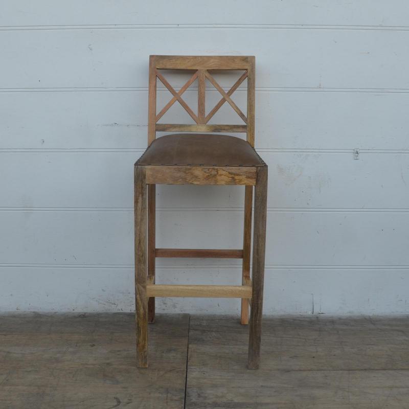 SOLID WOOD BAR STOOL W/ FULL HIDE LEATHER SEAT