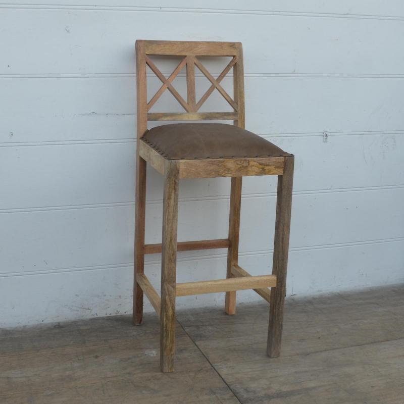 SOLID WOOD BAR STOOL W/ FULL HIDE LEATHER SEAT