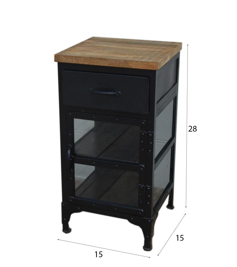 SOLID IRON, GLASS & WOOD NIGHTSTAND END TABLE