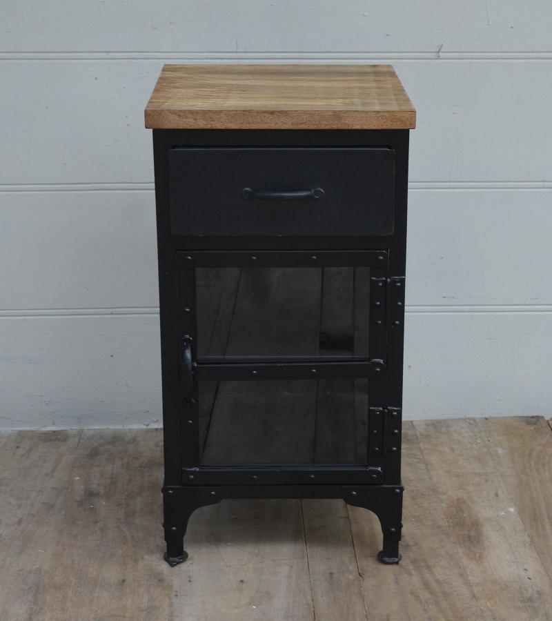 SOLID IRON, GLASS & WOOD NIGHTSTAND END TABLE