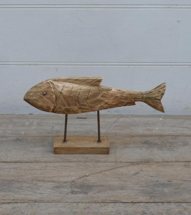 HAND CARVED SOLID WOOD FISH ON STAND