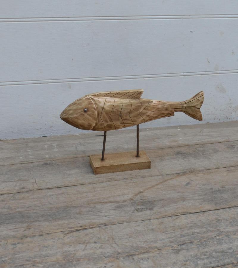 HAND CARVED SOLID WOOD FISH ON STAND