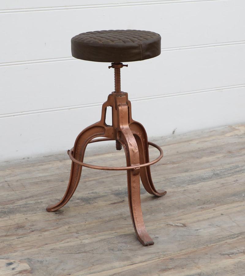 ADJUSTABLE HEIGHT IRON & LEATHER STOOL