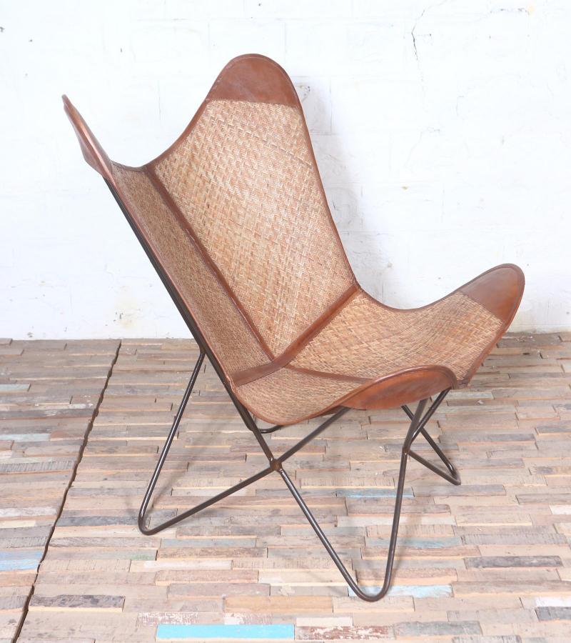 WOVEN MATERIAL, LEATHER & IRON BUTTERFLY CHAIR