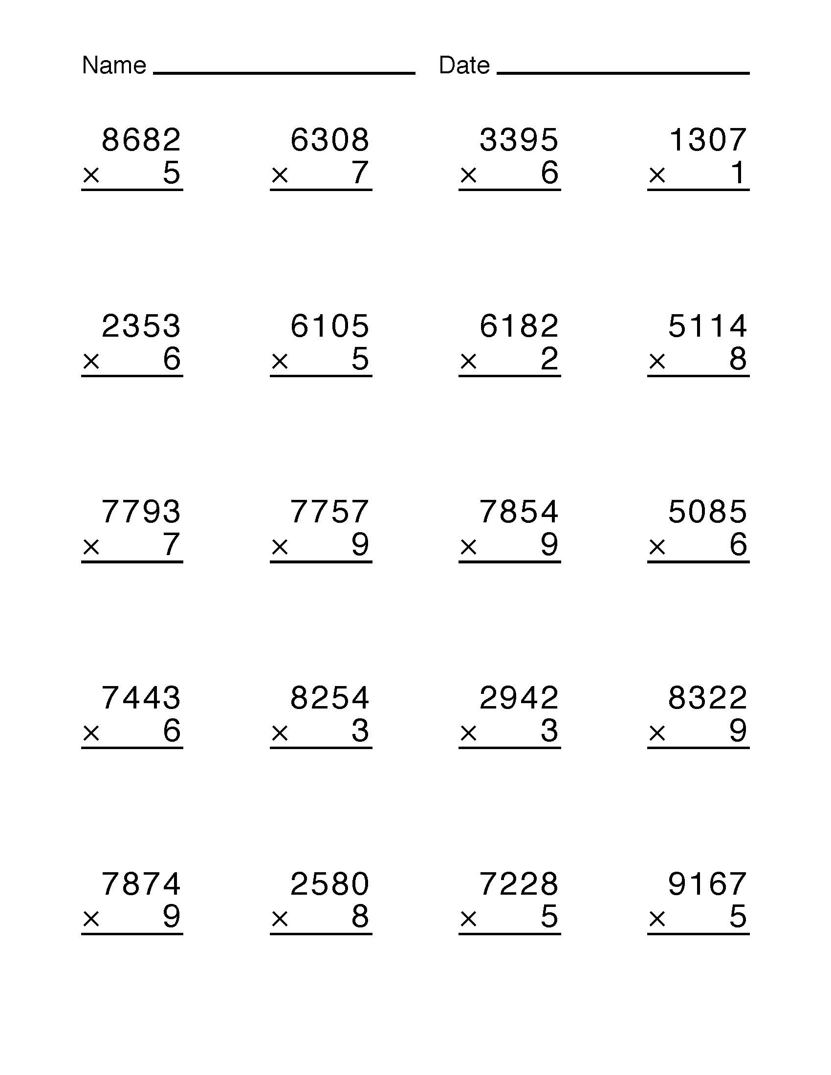 Math Worksheet Collection: Multiplying Four-Digit Numbers | Media4Math