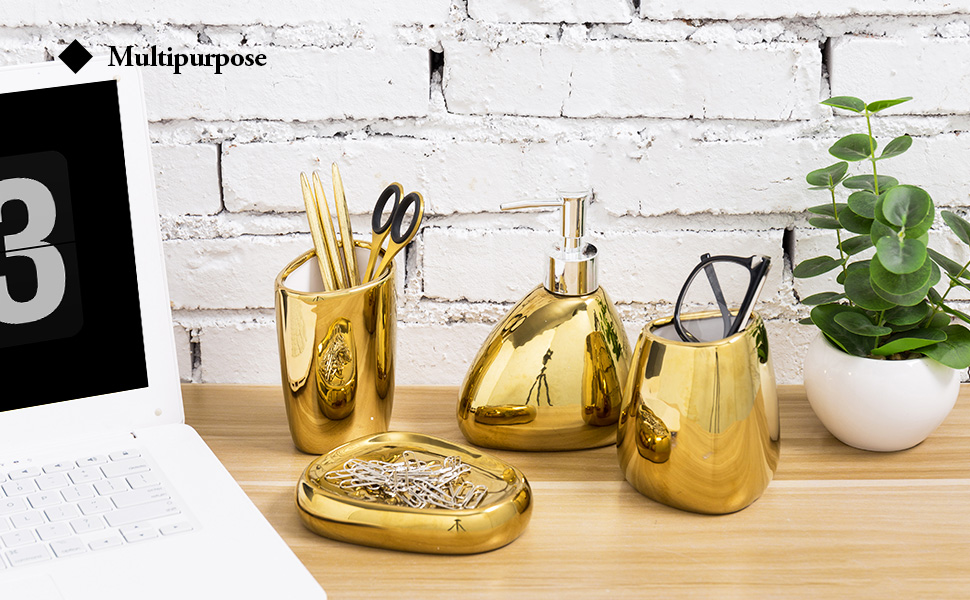 MyGift 4 Piece Modern Gold Ceramic Bathroom Accessory Set