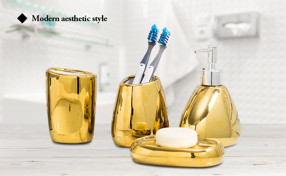 MyGift 4 Piece Modern Gold Ceramic Bathroom Accessory Set