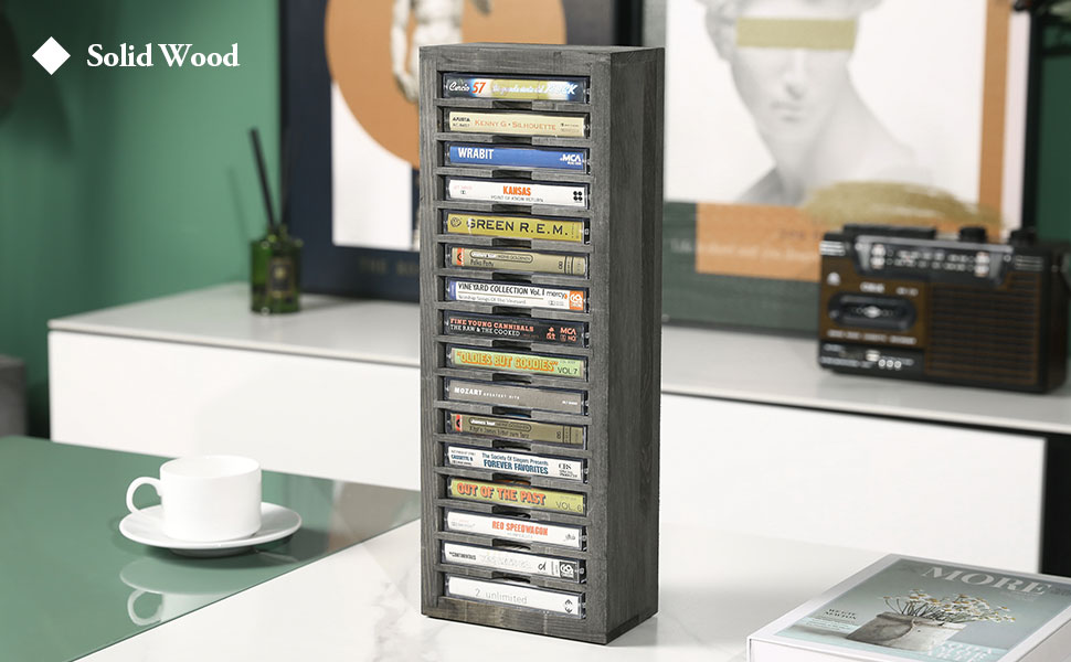16-Slot Gray Solid Wood Freestanding Retro Cassette Tape Storage Rack Tower