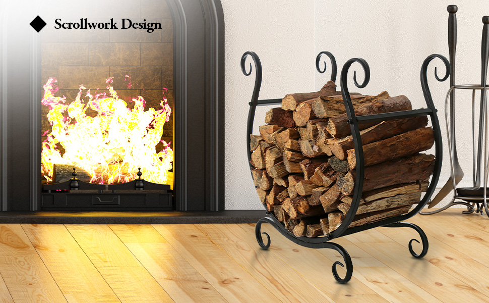 Black Metal Scrollwork Firewood Rack, Freestanding Fireside