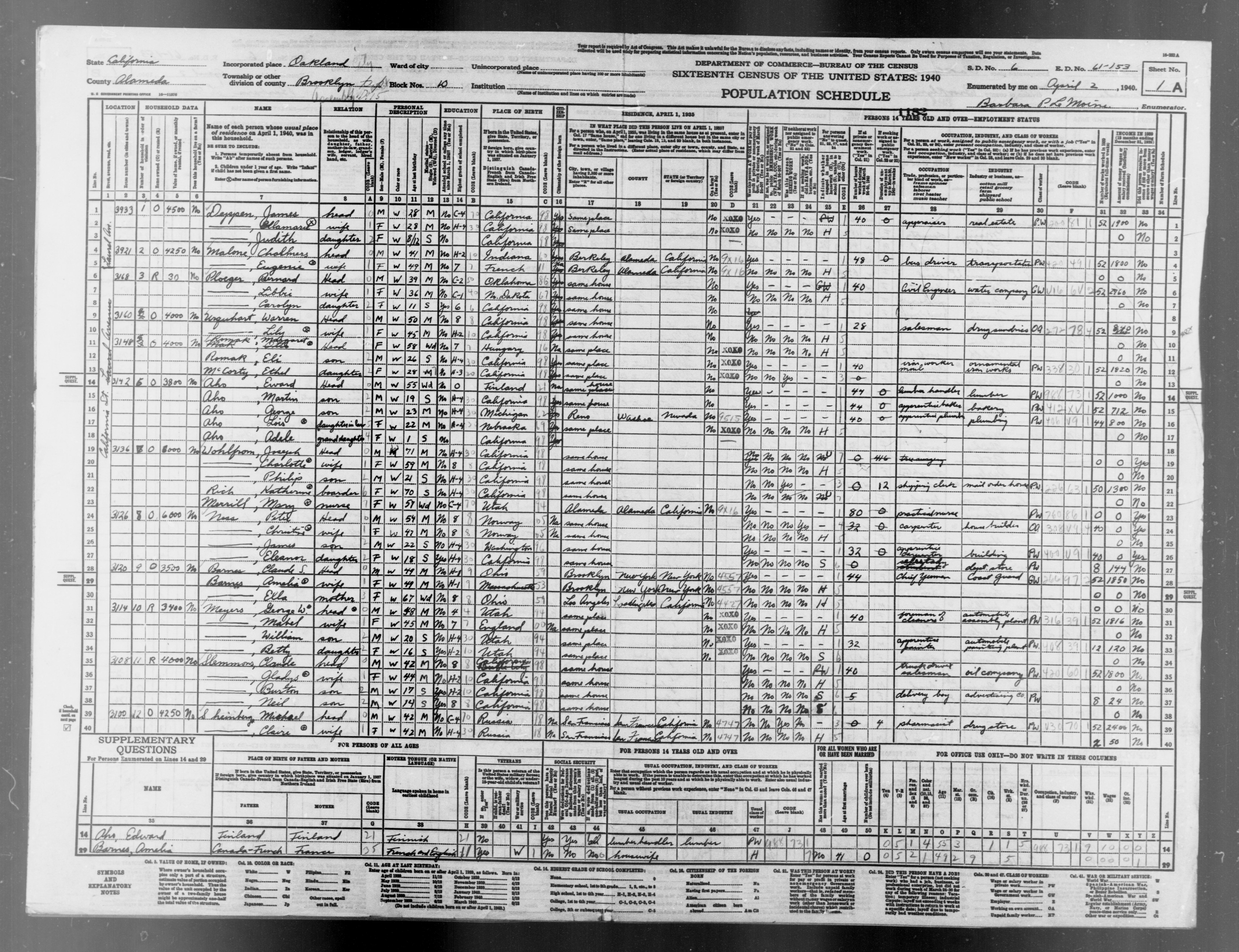 1940 Census Population Schedules - California - Alameda County - ED 61-153