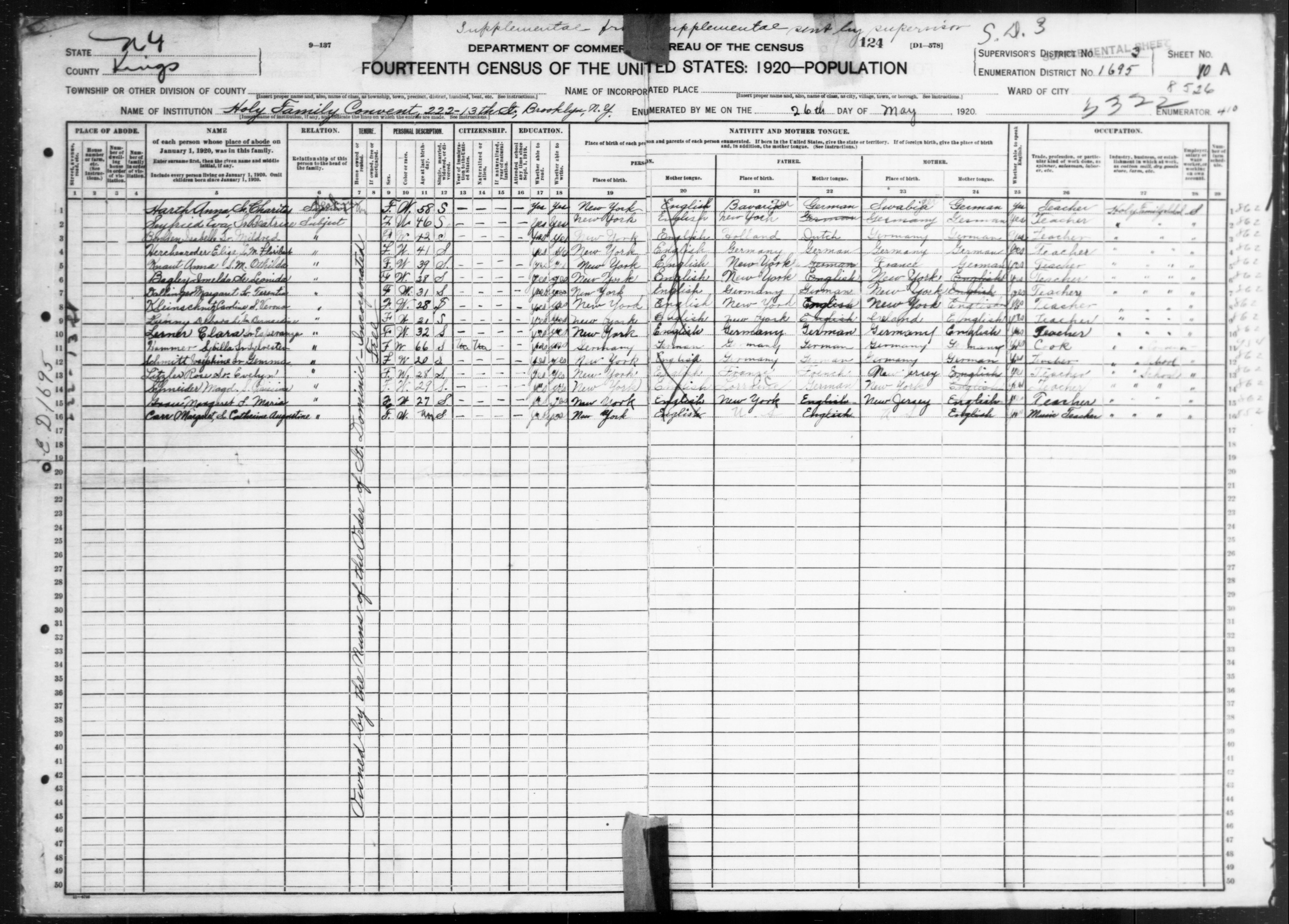 New York: KINGS County, Enumeration District 1695, Sheet No. 10A