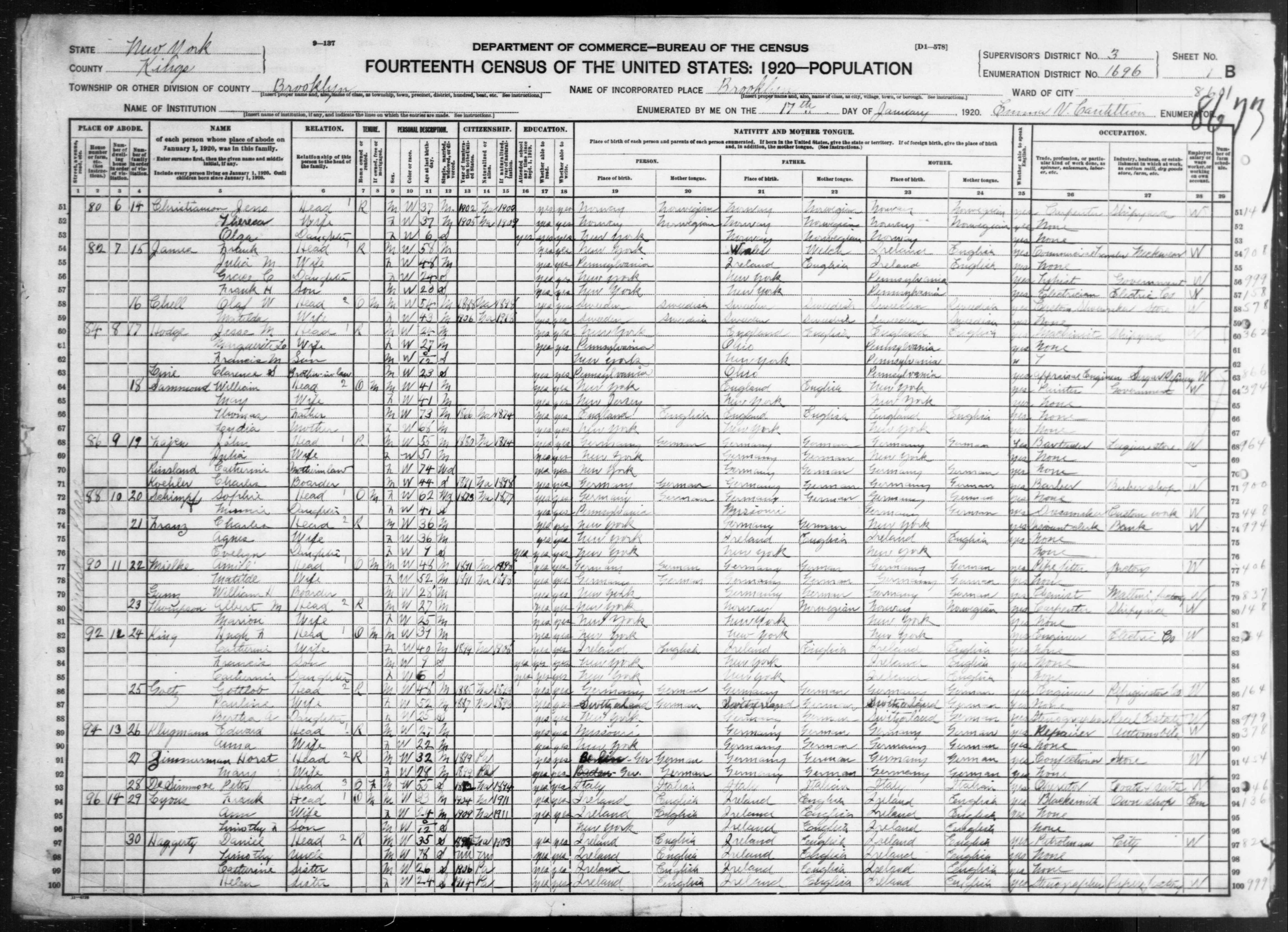 New York: KINGS County, Enumeration District 1696, Sheet No. 1B