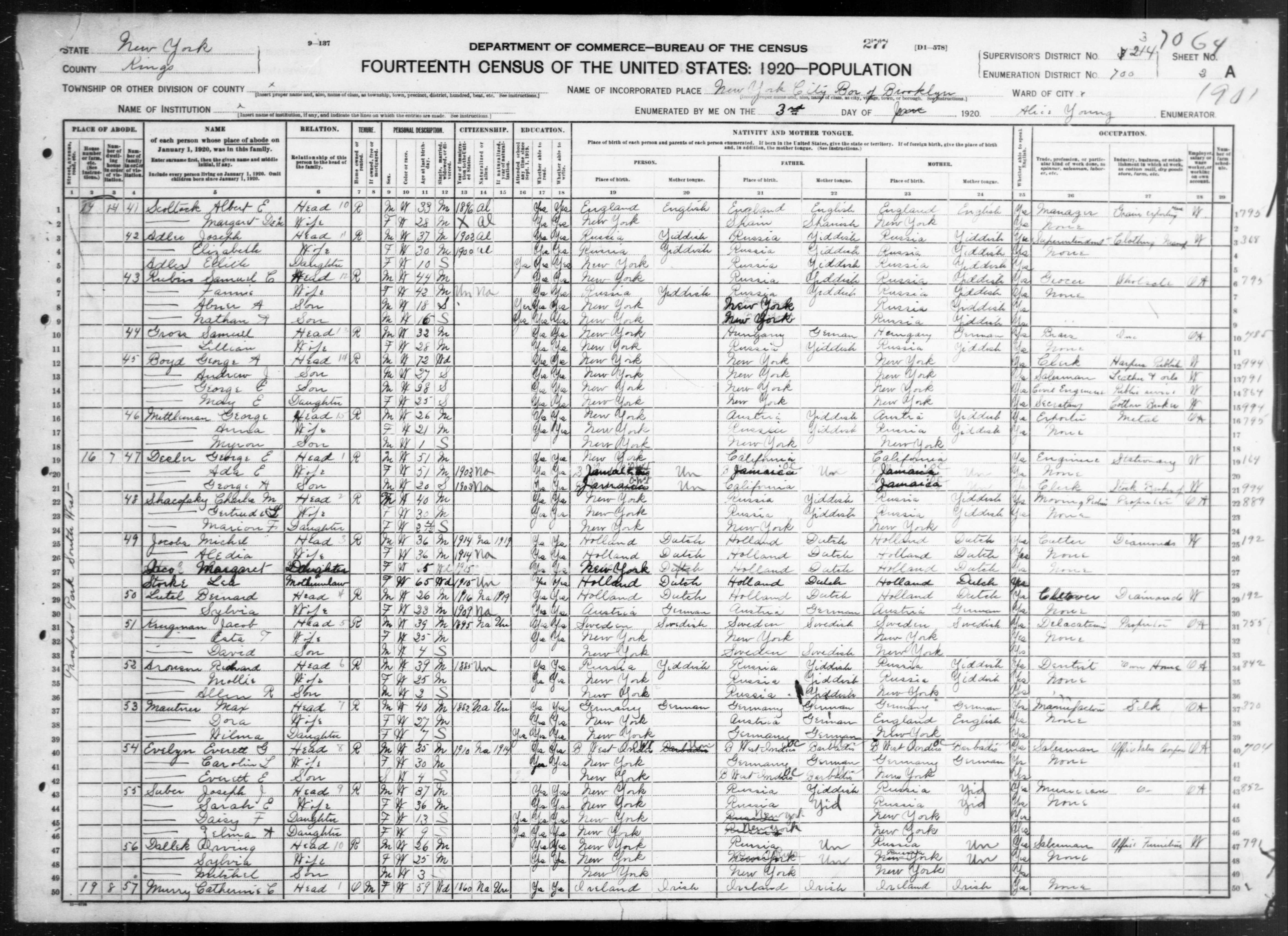 New York: KINGS County, Enumeration District 700, Sheet No. 2A
