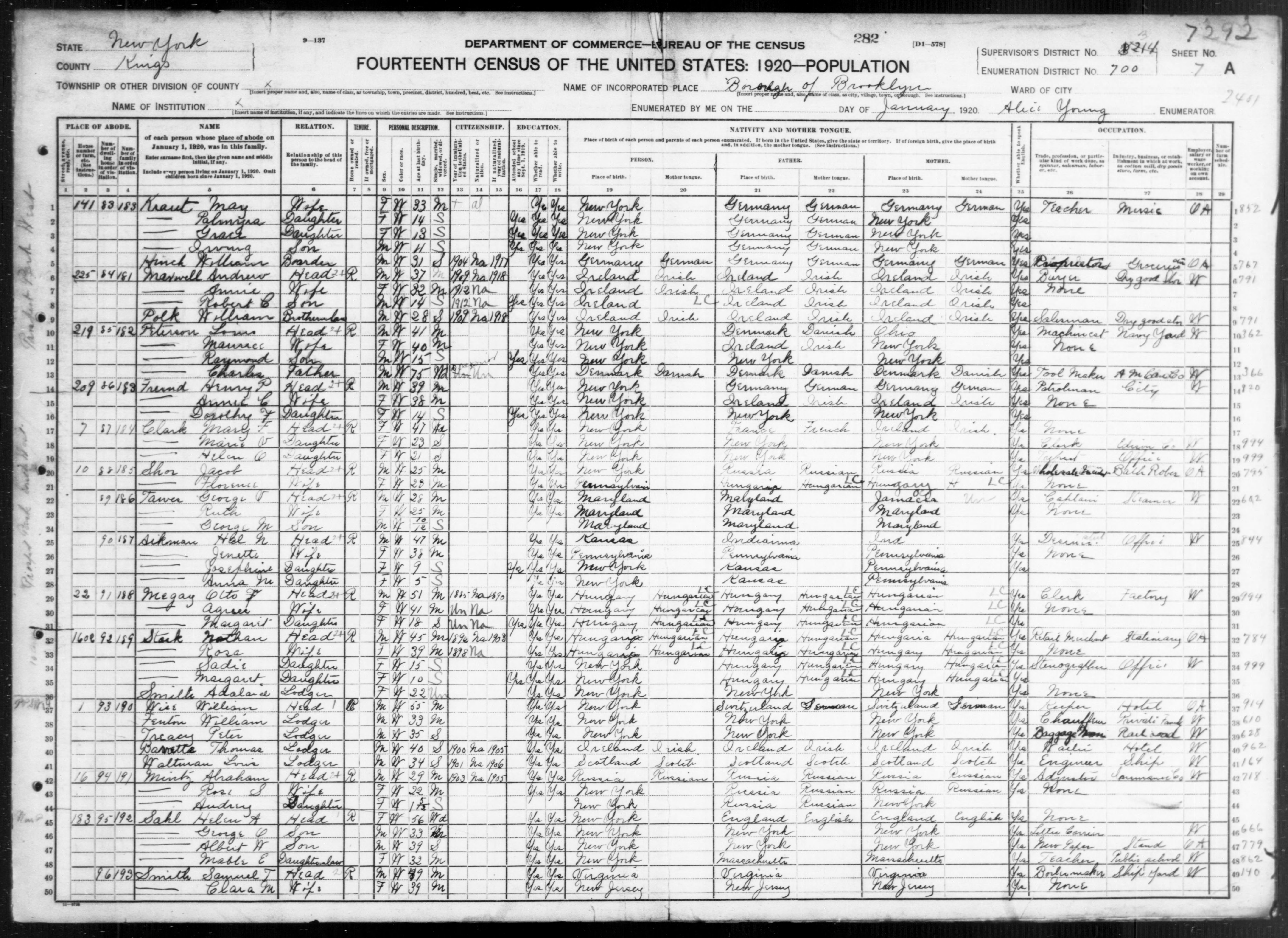 New York: KINGS County, Enumeration District 700, Sheet No. 7A
