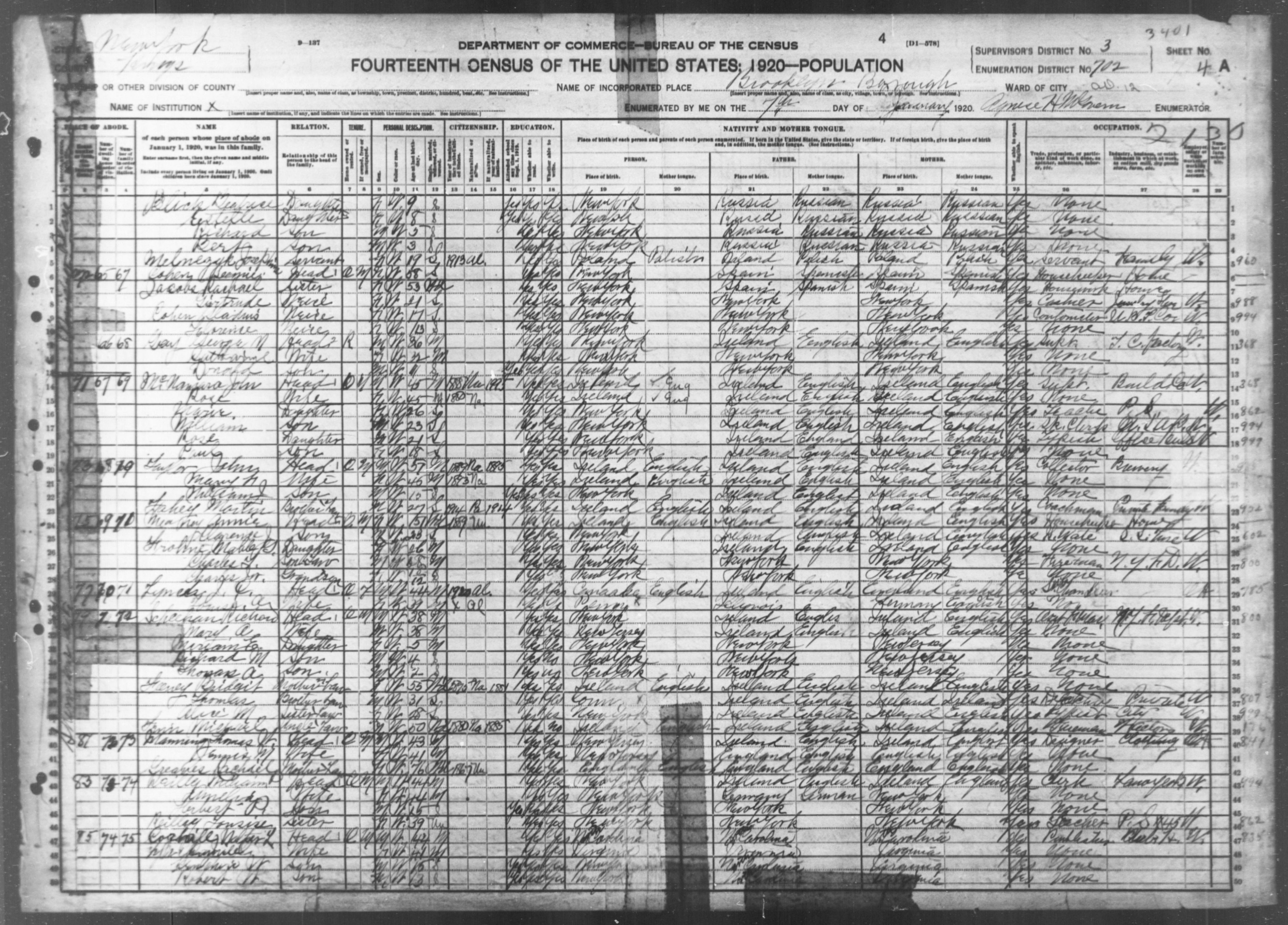 New York: KINGS County, Enumeration District 702, Sheet No. 4A