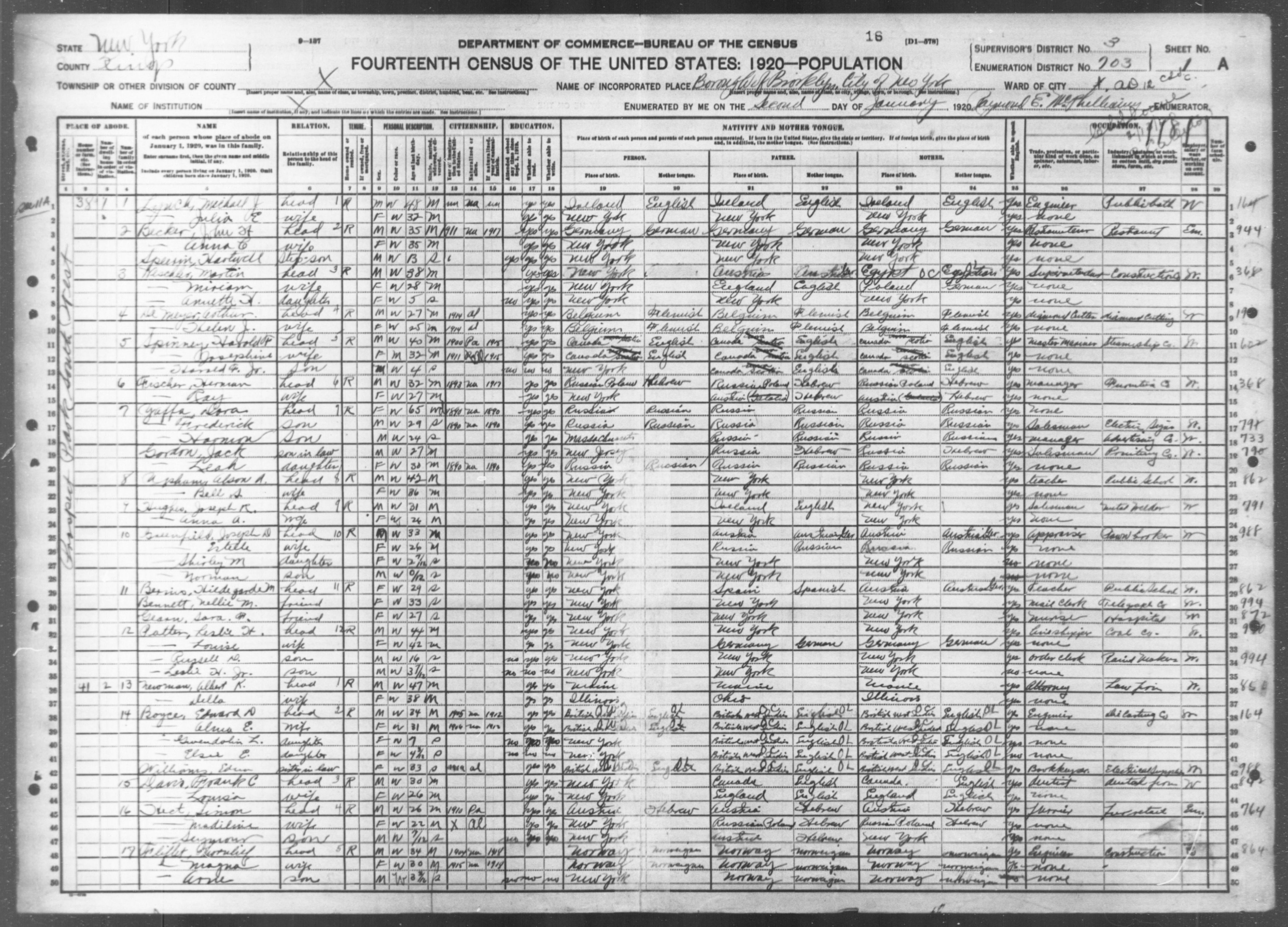 New York: KINGS County, Enumeration District 703, Sheet No. 1A