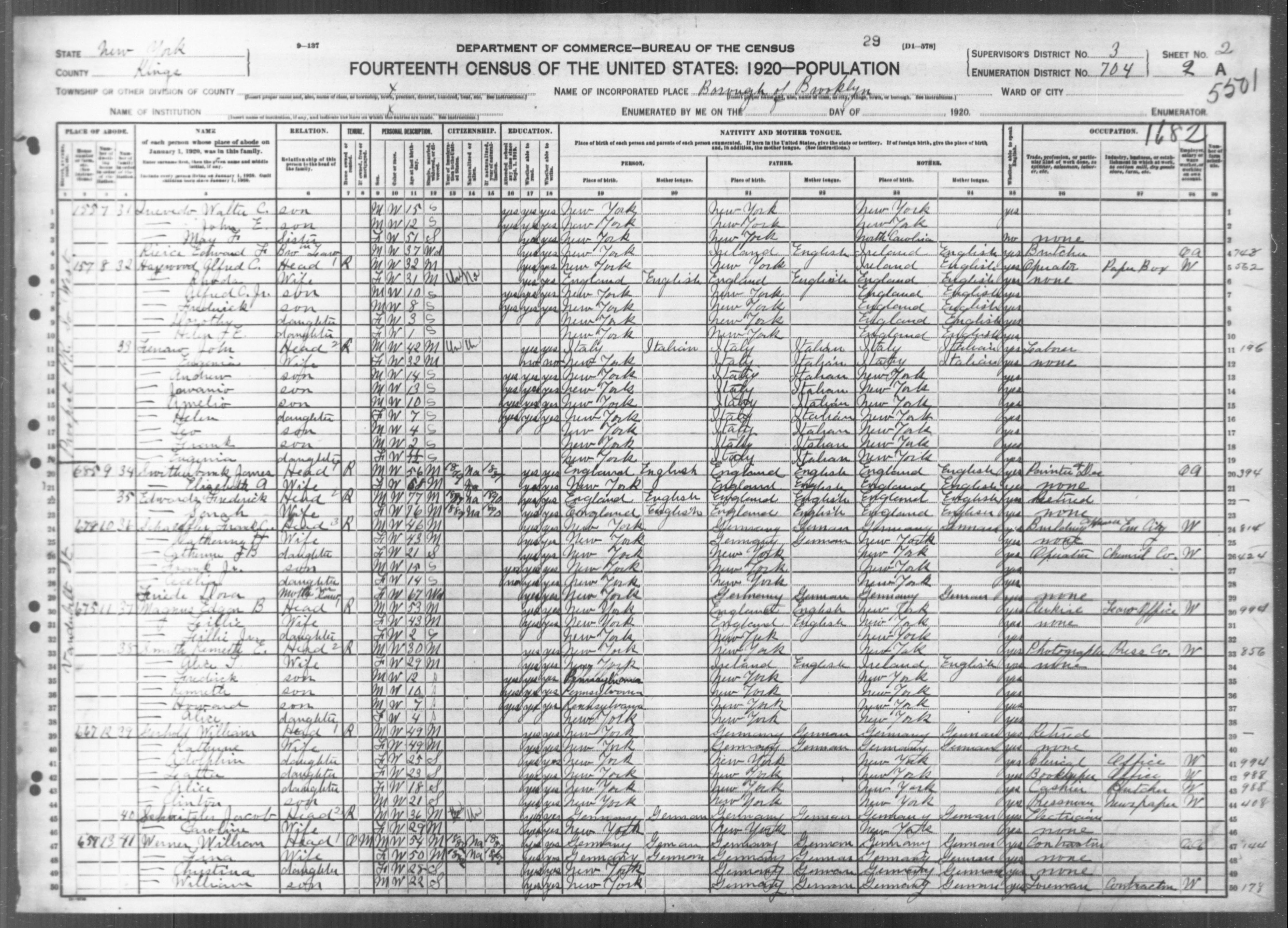 New York: KINGS County, Enumeration District 704, Sheet No. 2A