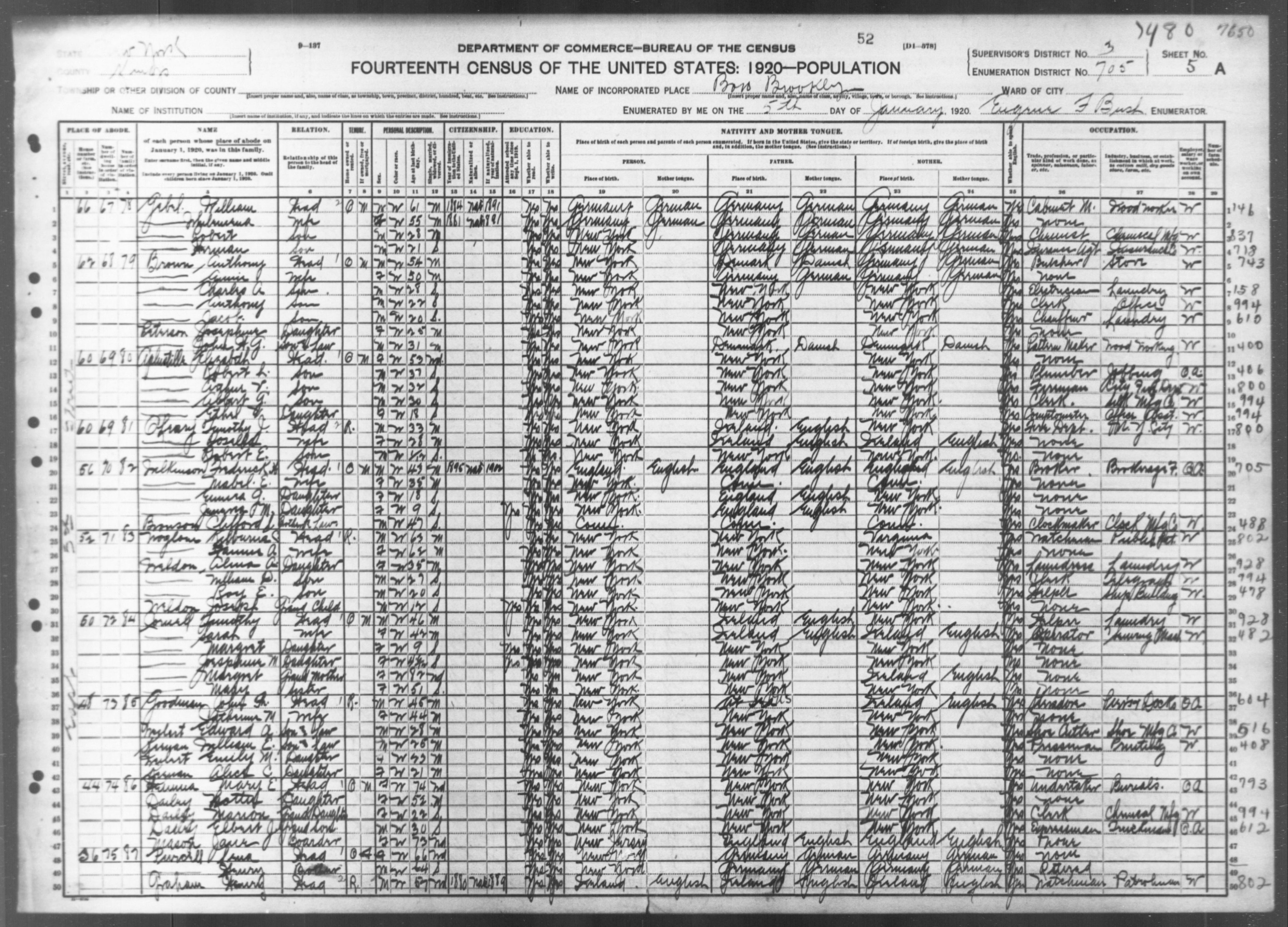 New York: KINGS County, Enumeration District 705, Sheet No. 5A