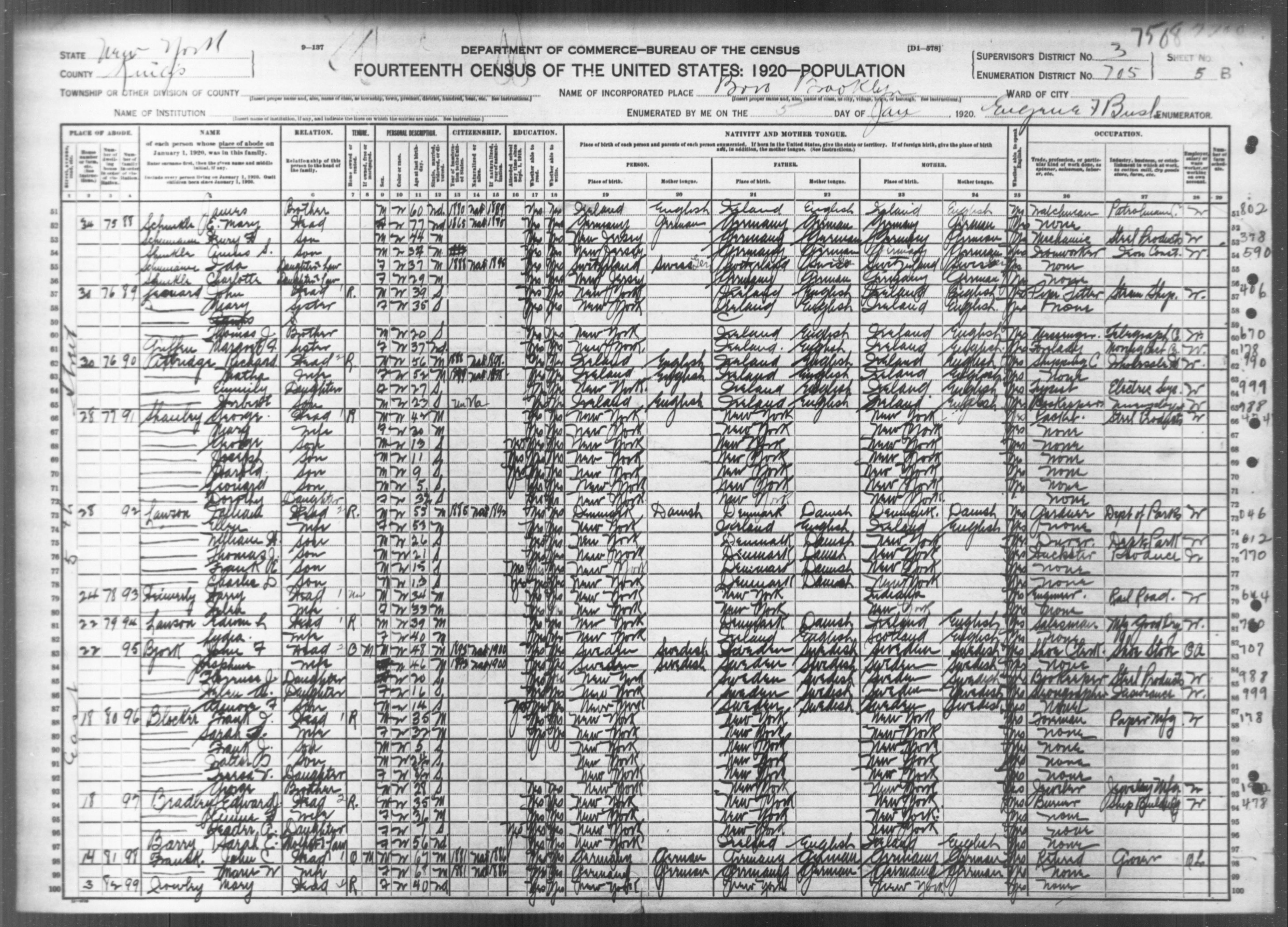 New York: KINGS County, Enumeration District 705, Sheet No. 5B
