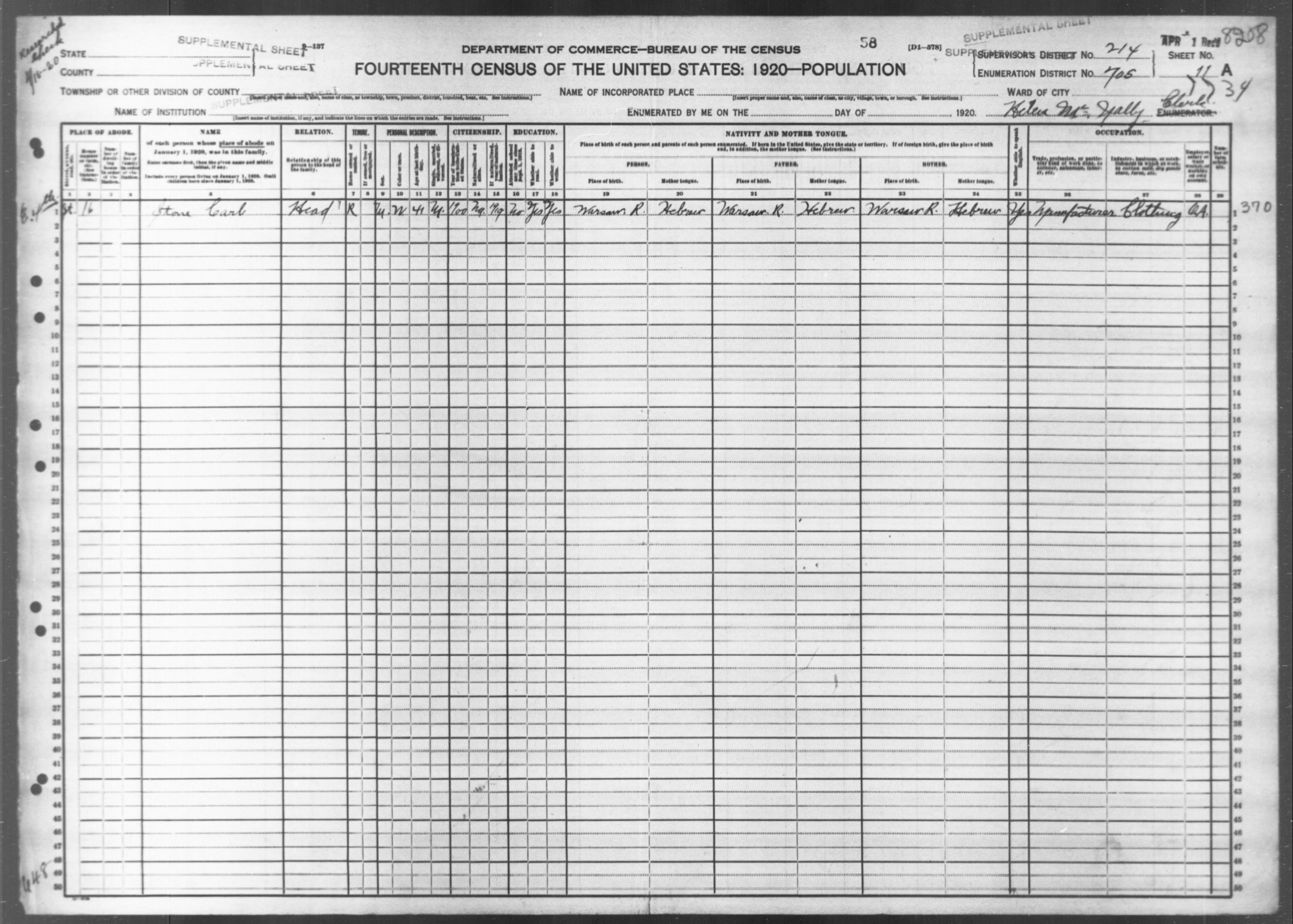 New York: KINGS County, Enumeration District 705, Sheet No. 11A