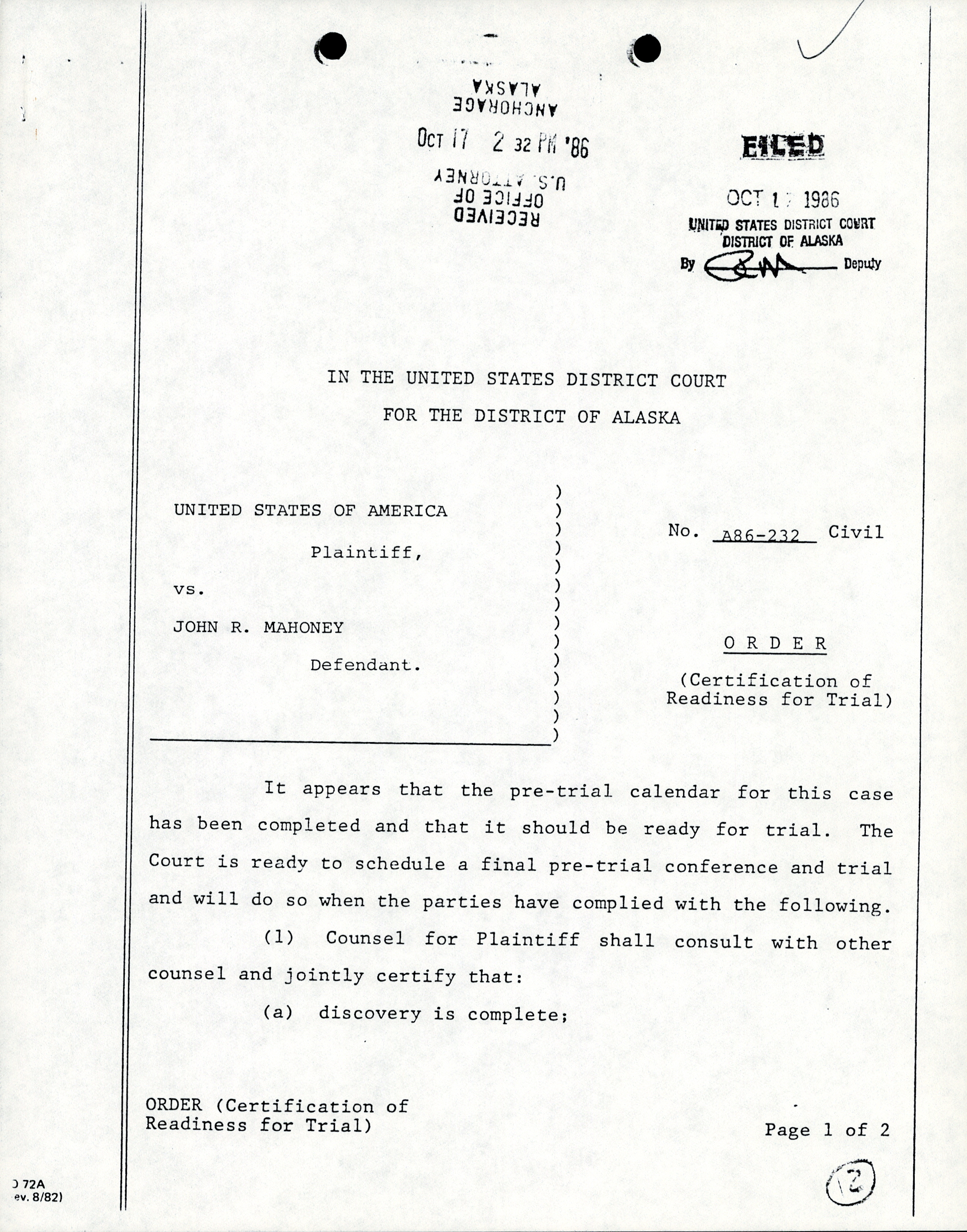 Mahoney, John vs United States; Transaction: Native Allotment Trespass;  Court Decision: A86-232 District of Alaska; Year Closed: 1987] | DPLA
