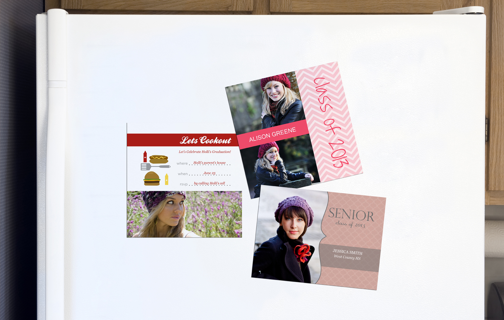 Custom Designed Photo Magnets on a Refrigerator