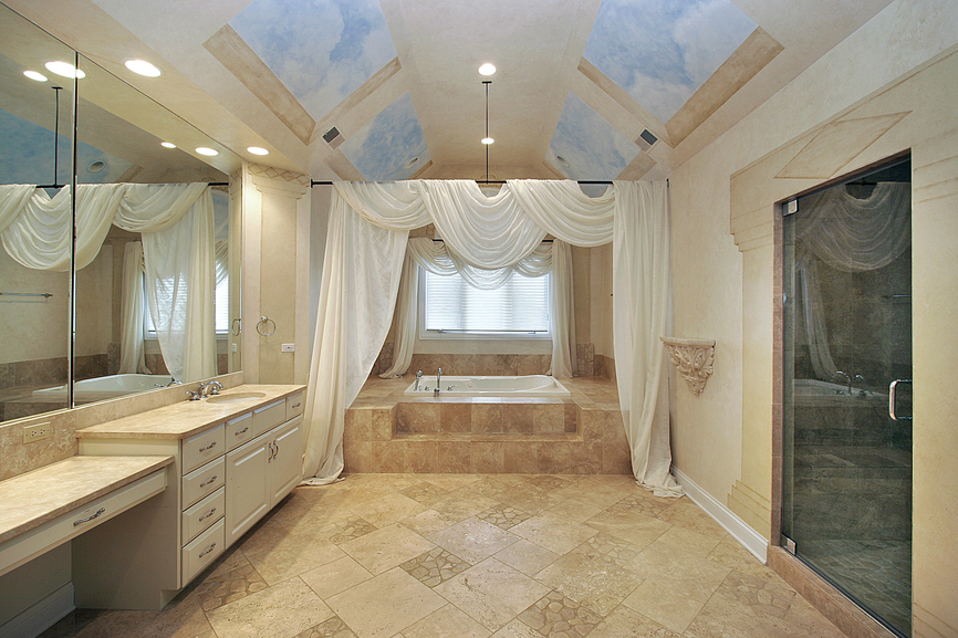 Contemporary bathroom with sky mural ceiling, earth tone color scheme and separate shower room