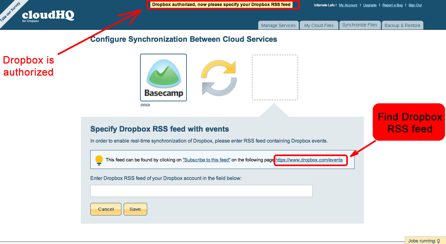 Dropbox authorized - specify RSS feed