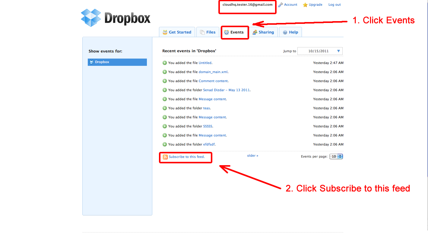 Dropbox menu Events