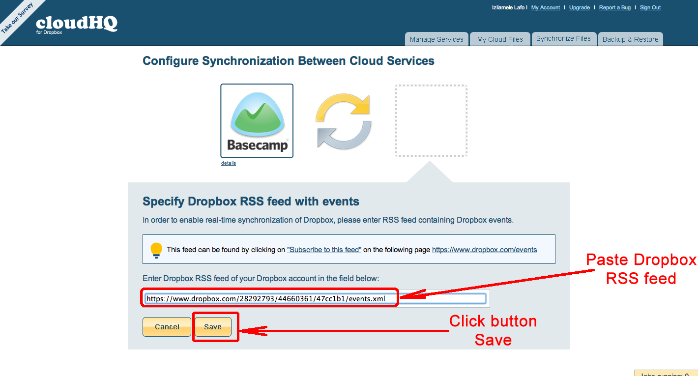 Add Dropbox RSS feed to cloudHQ