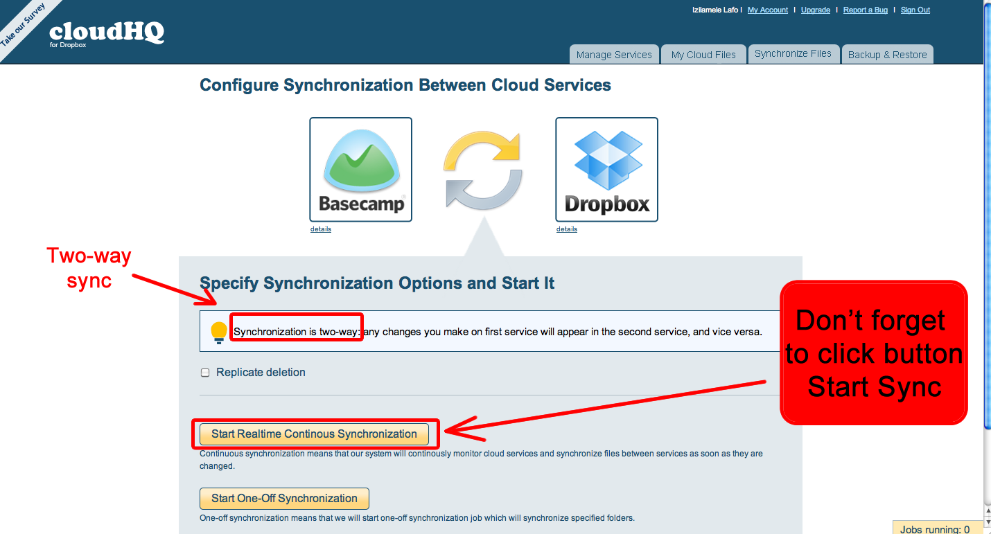 Start sync between Basecamp project and Dropbox