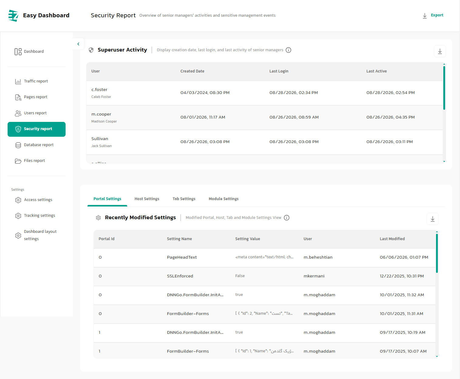 ez dashboard, Security & Administrative Activity