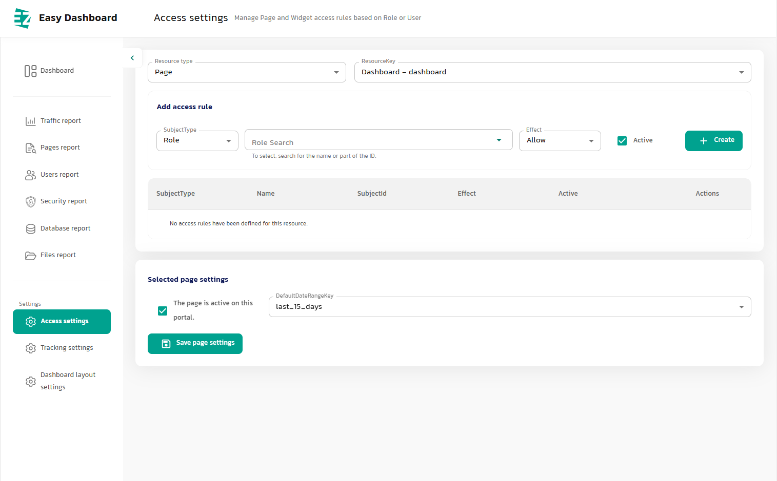 ez dashboard, Access Control Settings