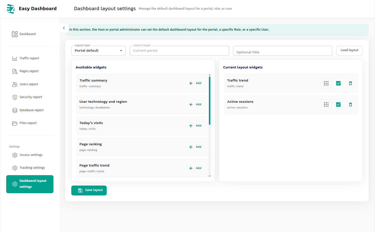 ez dashboard, Dashboard Layout Settings