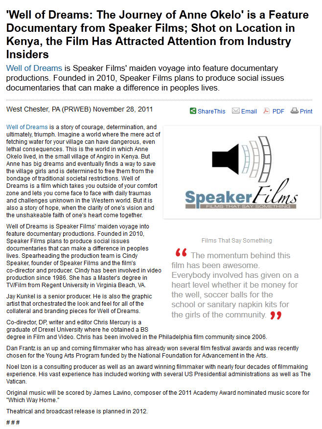 Well of Dreams Press Release