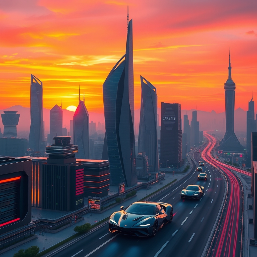 A futuristic city at sunset with flying cars — the agentic web, arriving