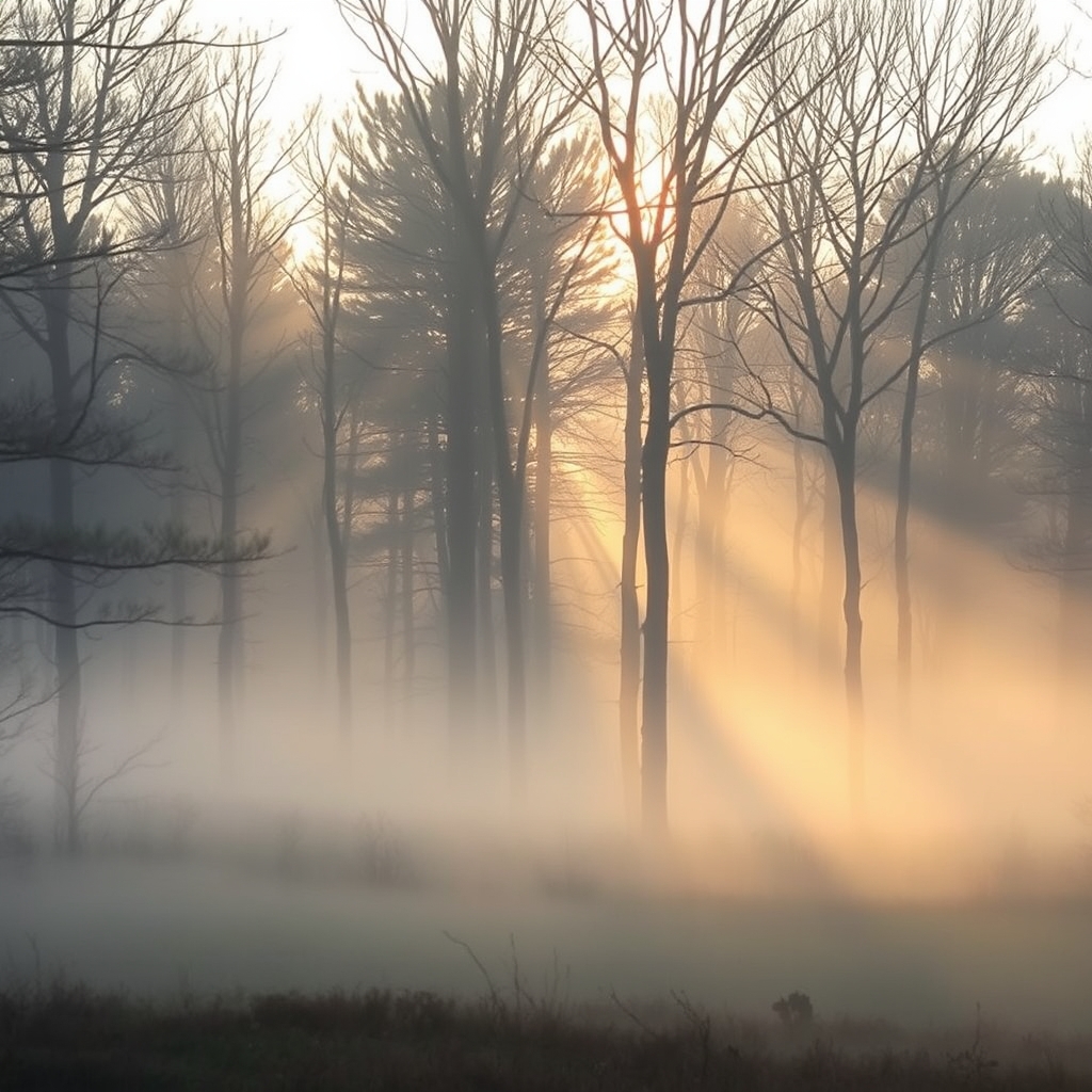 A misty forest at dawn — the fine print, fog included