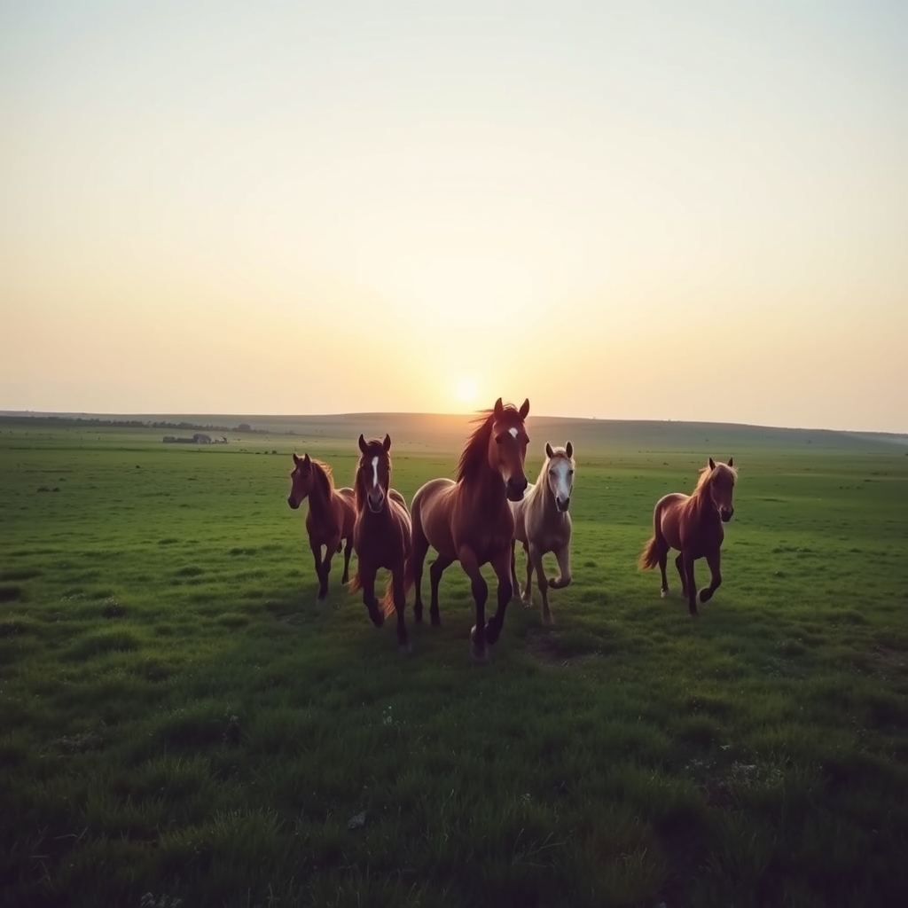 Wild horses on an open meadow at sunset