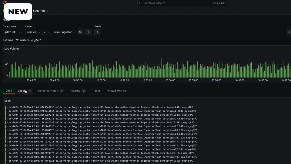 A GIF showing how to use Explore Logs in Grafana