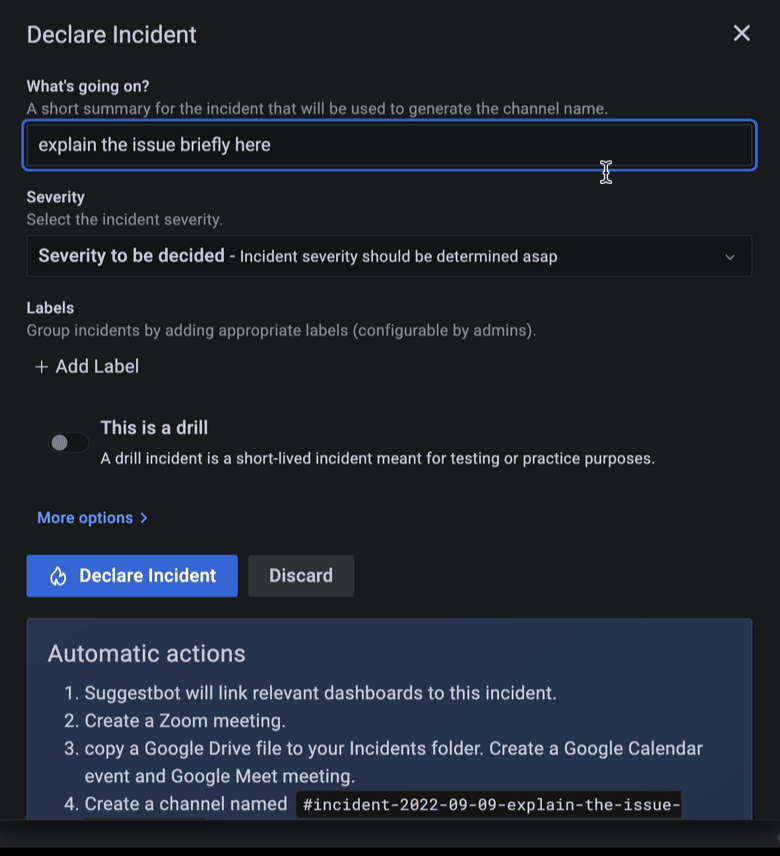 Grafana Incident gif showing how to declare an incident.